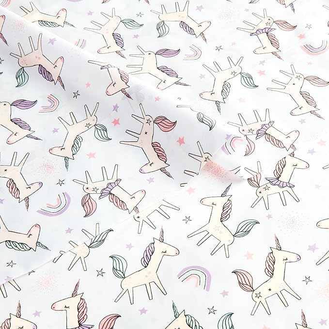 Amazon Basics Microfiber Kids' Sheet Set with Pillowcase, 4 Piece, Full, Unicorn and Rainbow