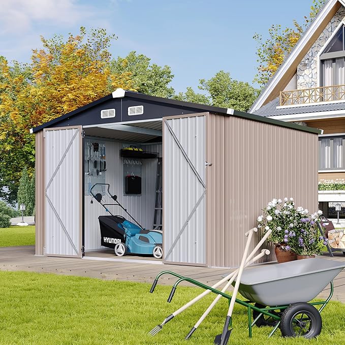 Aoxun 9.5x7.5 FT Shed with 4 Pegboards and 50 Hooks Outdoor Waterproof Storage Shed Steel Utility Garden Tool Shed with Door & Lock Outdoor Storage for Garden Patio Lawn Poolside, Brown