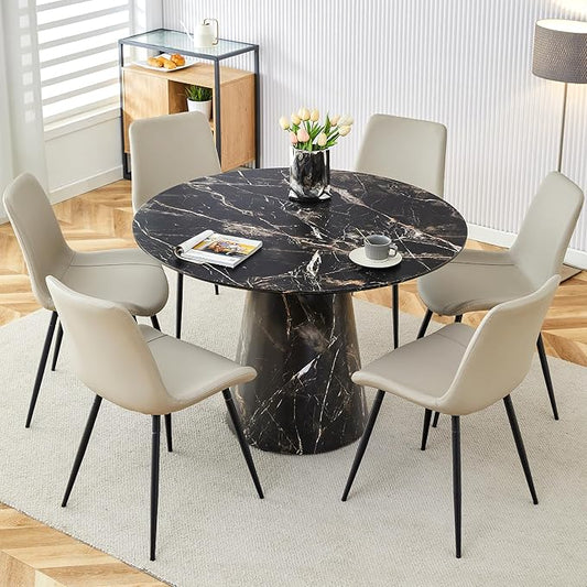 45 Inch Round Dining Table Set for 6, 7 Piece Kitchen Table and Chairs Set, White Faux Marble Table Top, Small Space Dining Set for Apartment or Dining Room