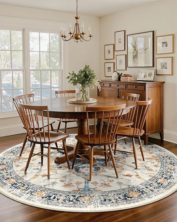 Area Rugs 8ft Washable Non-Slip, Floral Vintage Distress Print Pattern Medallion Carpet for Living Room Bedroom Dining Room, Beige Navy Blue Orange Colorful