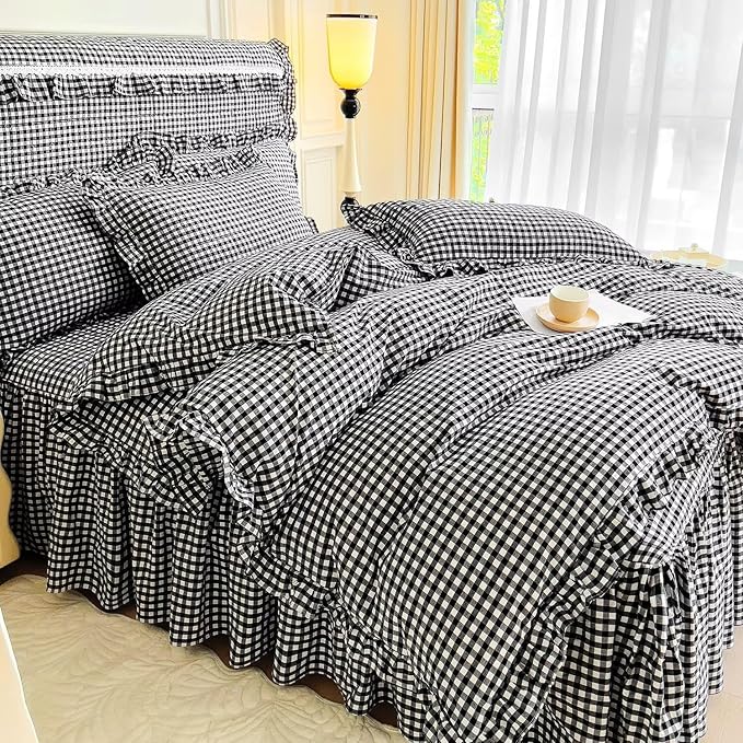 mixinni Vintage Black Gingham Ruffle Comforter Set 3-Piece Washed Cotton King Size Grid Bedding Set with Geometric Checkered Pattern, Farmhouse Chic Soft Fluffy Comforter for All-Season