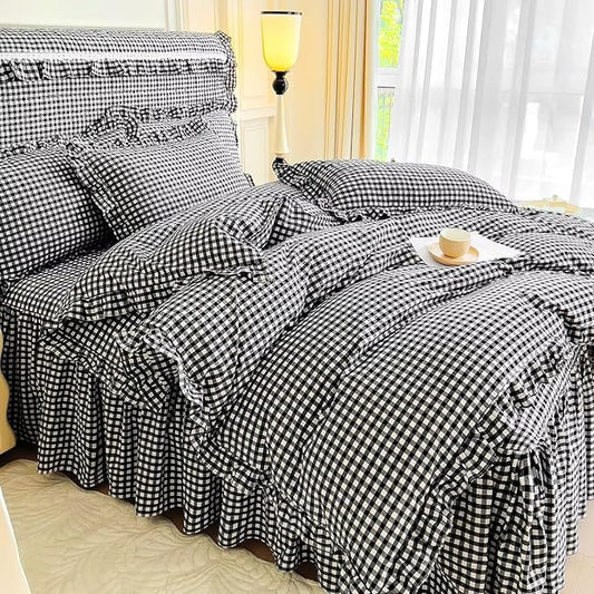 mixinni Vintage Black Gingham Ruffle Comforter Set 3-Piece Washed Cotton King Size Grid Bedding Set with Geometric Checkered Pattern, Farmhouse Chic Soft Fluffy Comforter for All-Season