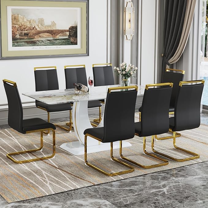 Dining Table Set for 8, Kitchen Table Chairs Set of 8, Modern Dining Room Set with 71" Marble Dinner Table PU Leather Upholstered Chairs for Kitchen