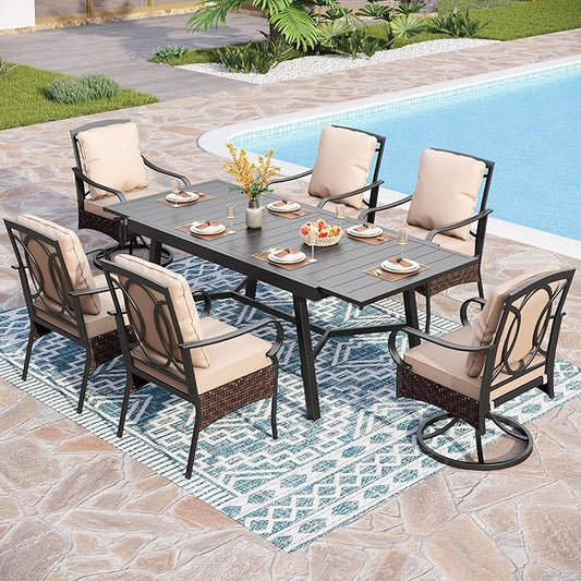 PHI VILLA Heavy Duty 7-Piece Patio Dining Sets, Expandable Outdoor Table and Chairs Set for 6, 6 Extra Large Dining Chairs(2 Swivel), Rectangular Metal Dining Table for Deck, Backyard and Garden