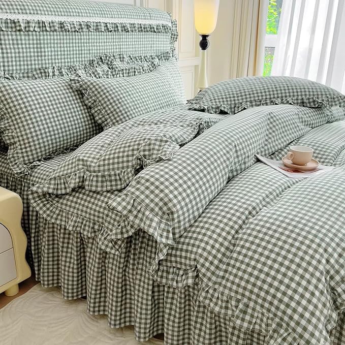 mixinni Vintage Green Gingham Ruffle Comforter Set 3-Piece Washed Cotton King Size Grid Bedding Set with Geometric Checkered Pattern, Farmhouse Chic Soft Fluffy Comforter for All-Season