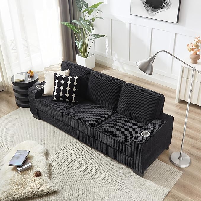 Furnimart Modern 3 Seater Couches, Cozy Deep Seat Sofa, Comfy Fluffy Couch for Living Room, Small Couches for Small Space, with Removable Sofa Cover, Black Corduroy Fabric
