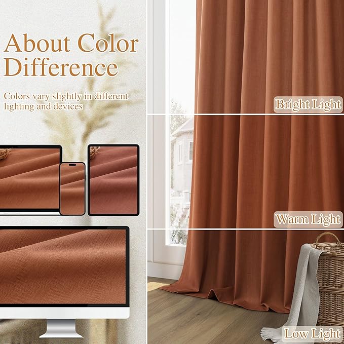Guken Terracotta Linen Blackout Curtains 120 Inch Length 2 Panels Set for Living Room Bedroom Back Tab Thermal Insulated 100% Black Out Linen Drapes Room Darkening Window Curtains 120 Inches Long