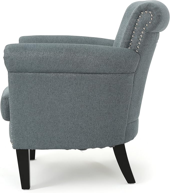 Christopher Knight Home Brice Vintage Scroll Arm Studded Fabric Club Chair, Steel Blue / Dark Brown