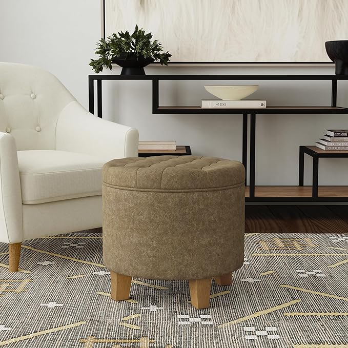 HomePop Home Decor | Upholstered Round Velvet Tufted Foot Rest Ottoman | Ottoman with Storage for Living Room & Bedroom | Decorative Home Furniture, Mocha Velvet