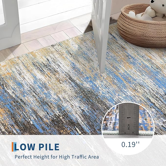 Washable Runner Rug 2x6 Modern Abstract Kitchen Rugs, Non Slip Bathroom Rug, Low Pile Laundry Room Soft Long Carpet for Hallway Bedroom Entryway, Blue/Brown