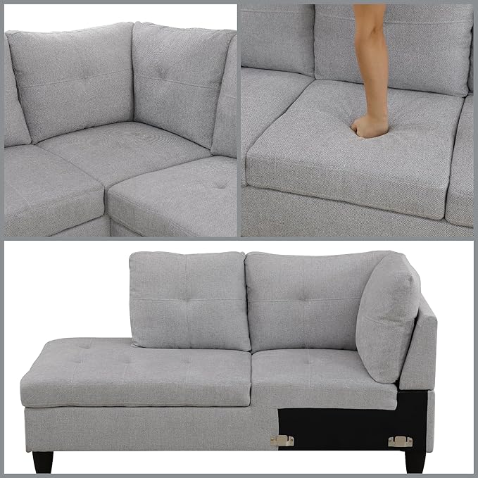 L Shaped Couch Sectional Couches with Chaise and Storage Ottoman, 3 Pieces Modular Convertible Sofa for Living Room Furniture Sets and Small Apartment, Grey