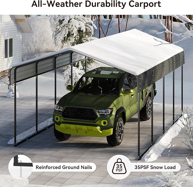 12x20 FT Heavy Duty Metal Carport Canopy with Galvanized Steel Roof, Multi-Use Shelter Outdoor Garage for Car, Boat, Party,Gray