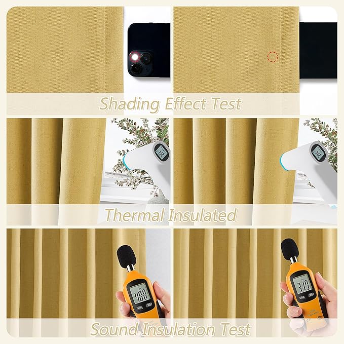 Guken Blackout Curtains 96 Inch Length 2 Panels Set for Living Room Bedroom Back Tab Thermal Insulated 100% Black Out Linen Drapes Room Darkening Window Curtains 96 Inches Long,Gold