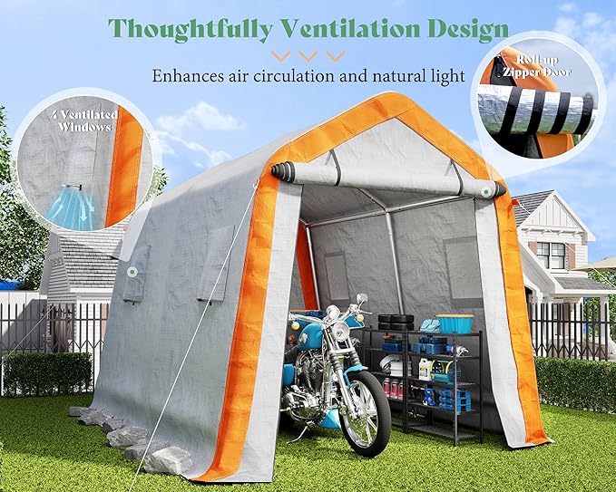 AMERLIFE 8x10x8 FT Heavy Duty Portable Shed Storage Shelter, Outdoor Storage Shed with 4 Waterproof Windows & Roll-Up Zipper Door, Carport for Motorcycle, Bike, Gray