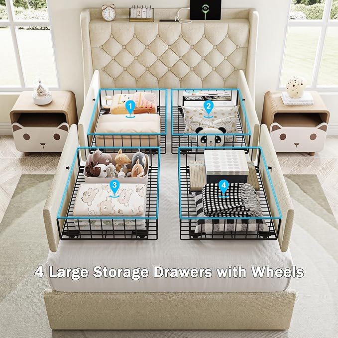 Twin Bed Frame with 4 Storage Drawers, Giant Upholstered Wingback Headboard, Fast Charging Station, No Box Spring Needed, Noise-Free, Beige