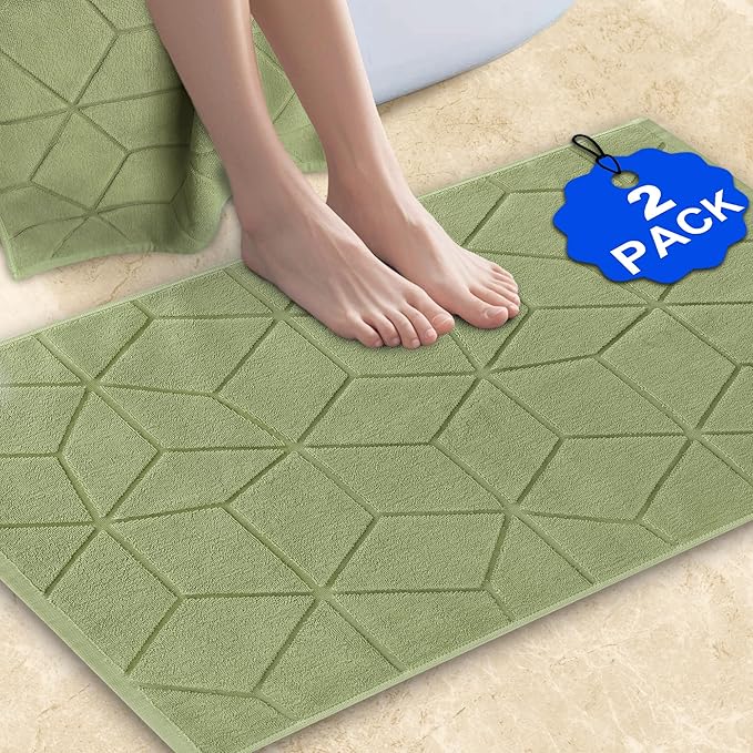 2PC Cotton Bath Mats Set [Not Bath Rug]– Hotel Quality | 1100GSM Thick | 19"x30" |100% Cotton, Soft Terry Cloth Bath Mat for Bathroom Floor, Washable & Absorbent, Green Bathroom Essentials
