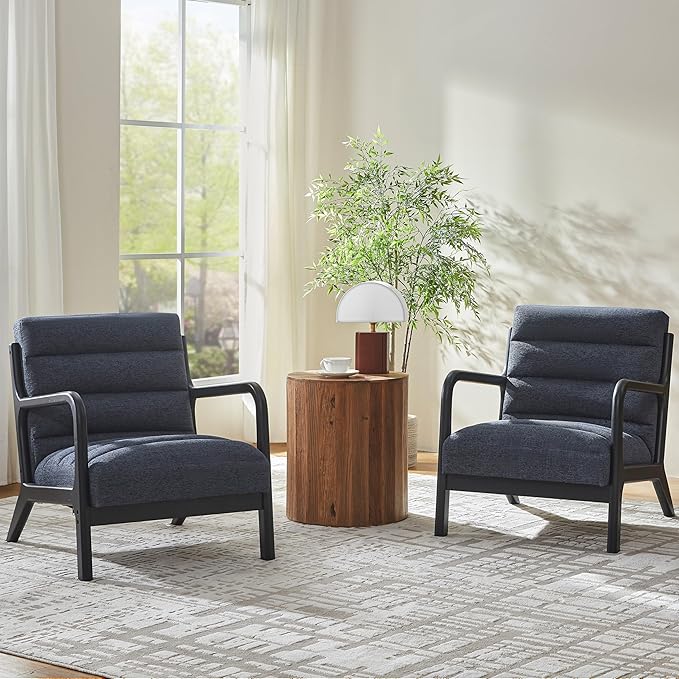 VKNOW Accent Chairs with Rubberwood Frame Accent Chairs Set of 2, Mid-Century Modern Upholstered Reading Armchair, High Back Lounge Armchair Living Room Chair for Bedroom Reading Room, Dark Blue