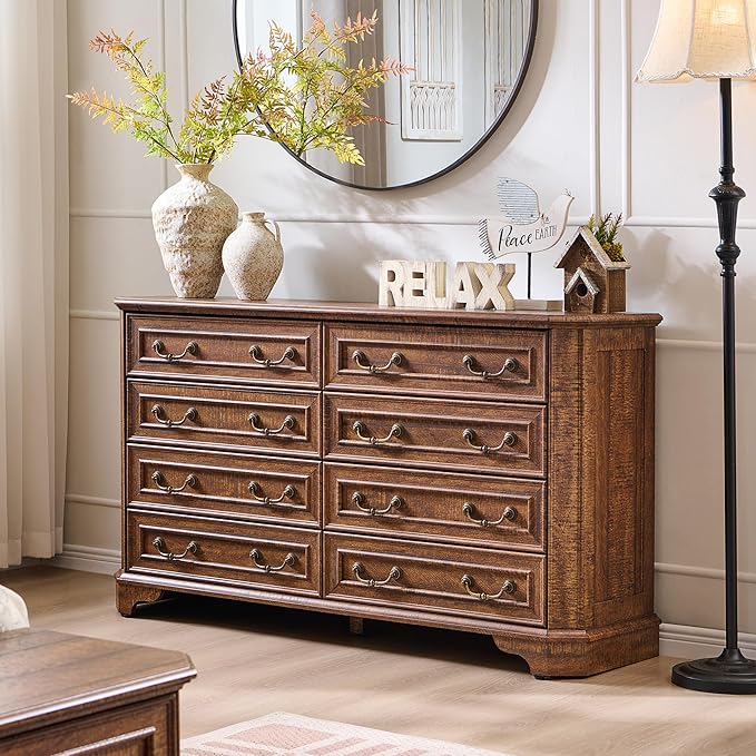T4TREAM Farmhouse 8 Drawers Dresser for Bedroom, 54" Wide Wood Rustic Chest of Drawers with Natural Texture, Vintage Design, Storage Dressers Organizer for Bedroom, Living Room, Reclaimed Barnwood