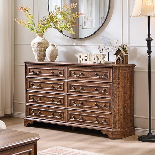 T4TREAM Farmhouse 8 Drawers Dresser for Bedroom, 54" Wide Wood Rustic Chest of Drawers with Natural Texture, Vintage Design, Storage Dressers Organizer for Bedroom, Living Room, Reclaimed Barnwood