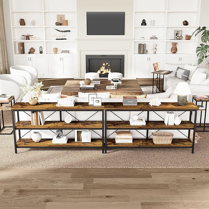 3-Tier Console Table, 55.1" Entryway Table with Metal Frame and Open Shelves, Modern Behind Couch Sofa Table for Living Room, Hallway, Foyer, Entrance, Industrial, Bookshelf, Rustic Brown