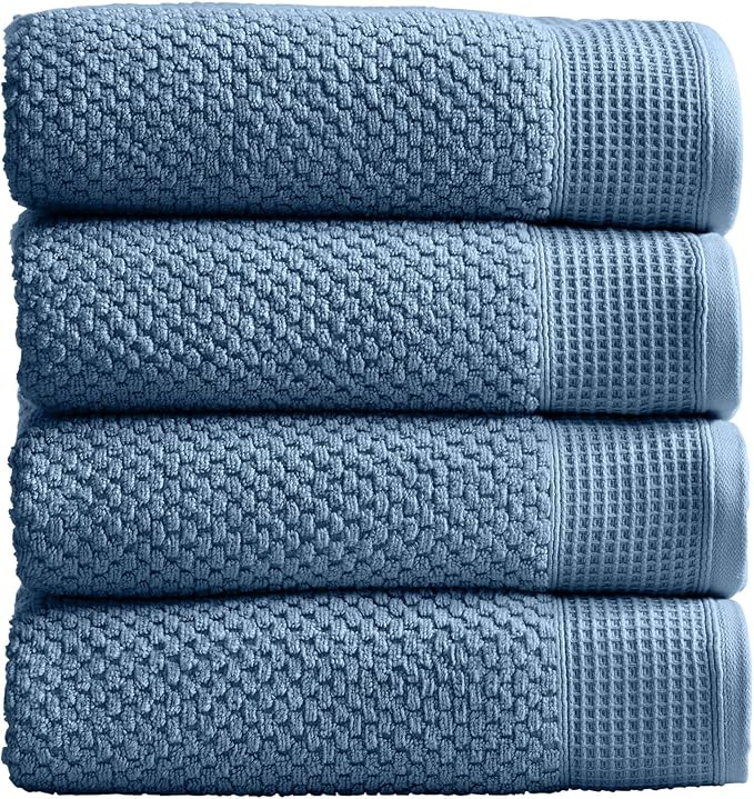 Market & Place 100% Cotton Waffle Textured Bath Towels Set of 4 | Super Soft Quick Dry Bath Towels | Decorative Towels for Bathroom | Belle Collection (Ocean)