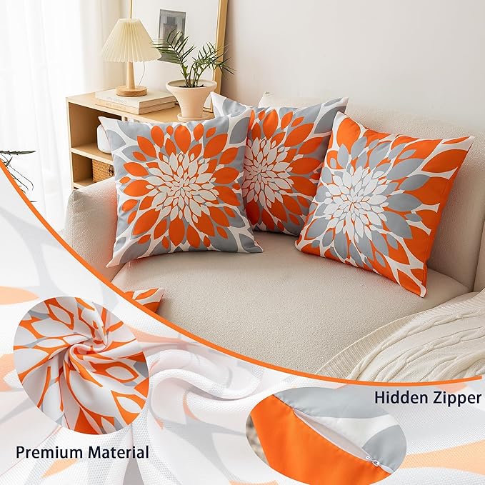 Qahing Pack of 4 Fall Outdoor Waterproof Pillow Covers 18x18 Decorative Outdoor Throw Pillows Garden Square Cushion Cases for Patio Furniture, Couch, Tent Sunbrella, Bench, Orange Grey