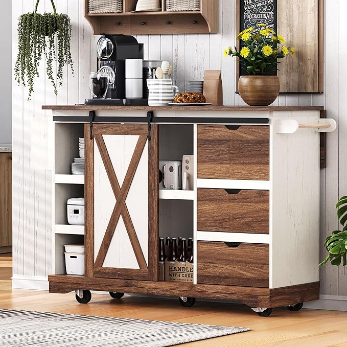 55.5" Farmhouse Kitchen Island Storage Cart with Drop Leaf, Sliding Barn Door, Power Outlet, Spice Rack & 3 Drawers, Rolling Kitchen Cart on Wheels for Kitchen, Dining Room (White)