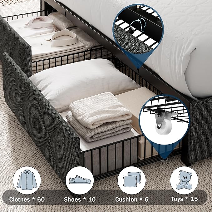 Queen Bed Frame with 4 Storage Drawers, Upholstered Platform Bed with Charging Station, Modern Wingback Storage Headboard, Easy Assembly,Noise-Free, Dark Gray