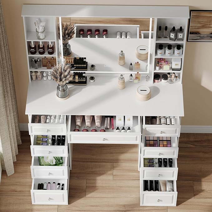 Makeup Vanity Desk with Mirror and Lights, 47" Large Vanity Table with 9 Drawers & 10 Open Storage Shelves, Brightness Adjustable, Dressing Table for Bedroom, Women Girl (White, A Panel)
