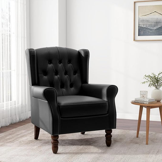Accent Chair, Upholstered Armchair with Button Tufted High Back & Solid Wood Legs, Comfy Wingback Reading Single Sofa Chair for Small Spaces, Living Room, Bedroom (Leather Black, Set of 1)