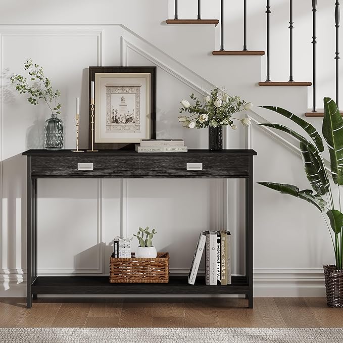 ChooChoo Mission Long Entryway Table with Drawer, Narrow Console Sofa Table with Storage, for Entryway, Living Room and Hallway, 47 Black
