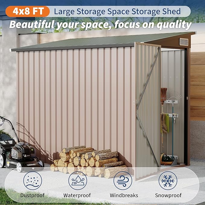 4' x 8' Outdoor Lean to Storage Sheds Outdoor, Heavy-Duty Lean to Garden StorageShed, Metal Wall Side Bike Shed & Outdoor Storage