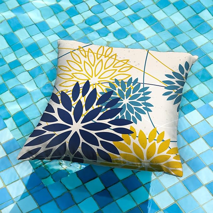 Blue Yellow Flower Pillow Covers 18x18 Inch Set of 2 Outdoor Throw Pillows Outdoor Waterproof Decor for Living Room Sofa Patio Funiture Garden Floral Polyester Pillow Covers 01P18