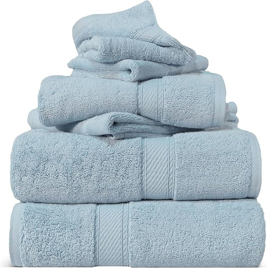Superior Egyptian Cotton Pile 6 Piece Towel Set, Includes 2 Bath, 2 Hand, 2 Face Towels/Washcloths, Ultra Soft Luxury Towels, Thick Plush Essentials, Guest Bath, Spa, Hotel Bathroom, Light Blue