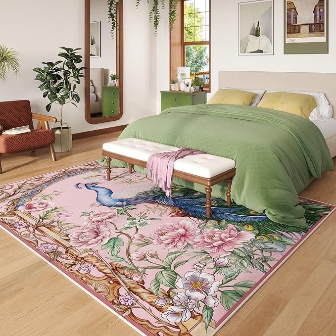 Area Rugs 8x10 Rug for Living Room Clearance Washable Floral Peacock Non Slip Vintage Low Pile Large Rug for Living Room, Bedroom, Farmhouse, Dining Room, Kids Playroom(Pink)