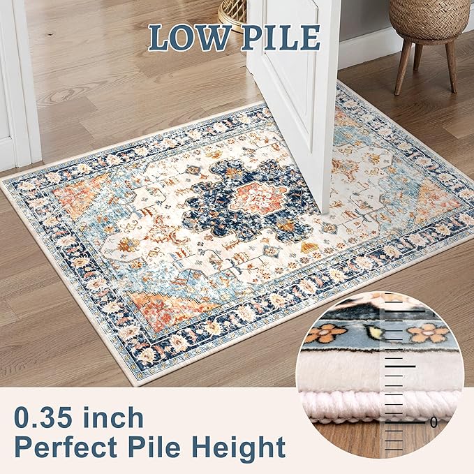 Tangsoo 2x6 Washable Runner Rug for Hallways, Non Slip Vintage Rugs, Soft Low Pile, Print Distressed Blue/Orange Carpet Runners for Kitchen Bedroom Entryway Bathroom Living Room