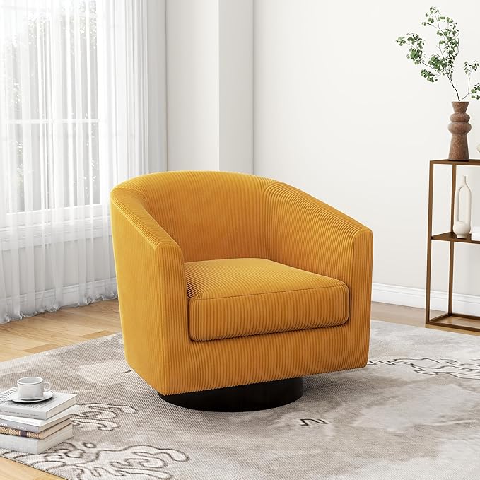 UIXE Swivel Accent Chair, Upholstered Corduroy Barrel Chair for Living Room, Small Single Sofa Bedroom Reading Seat, Orange