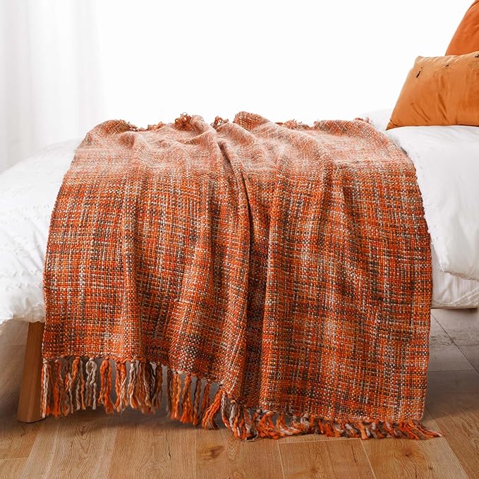 BATTILO HOME Rust Orange Throw Blanket for Couch, Bed, Boho Colorful Throw Blanket with Tassels, Halloween Decor, Fall Throw Blankets for Home Decor, 50"x60"