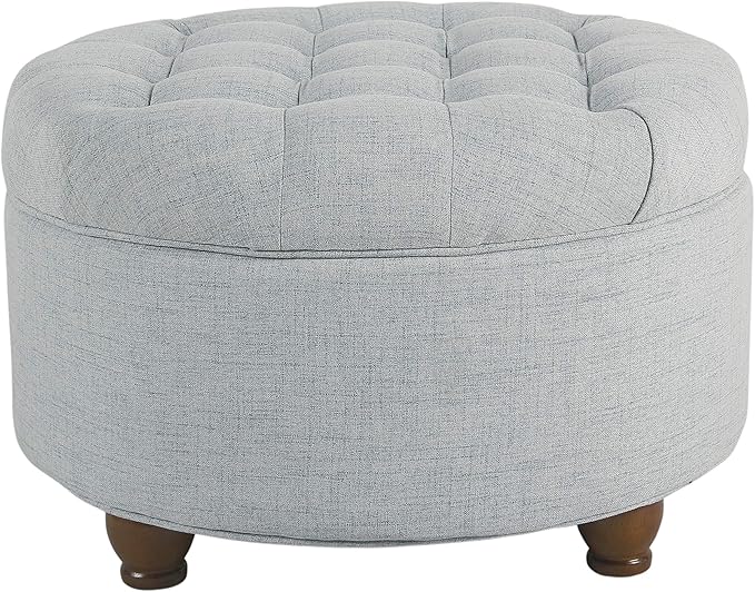 Homepop Home Decor | Button Tufted Woven Round Storage Ottoman | Ottoman with Storage for Living Room & Bedroom (Light Blue)