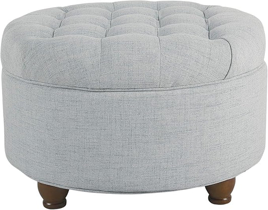 Homepop Home Decor | Button Tufted Woven Round Storage Ottoman | Ottoman with Storage for Living Room & Bedroom (Light Blue)