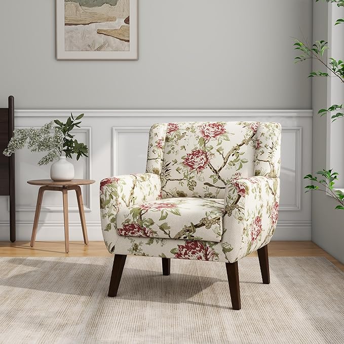 Accent Chair, Modern Linen Blend Arm Chair for Living Room, Bedroom, Comfy High-Resilient Sponge Reading Chair for Small Spaces (Pattern Red Floral, Set of 2)
