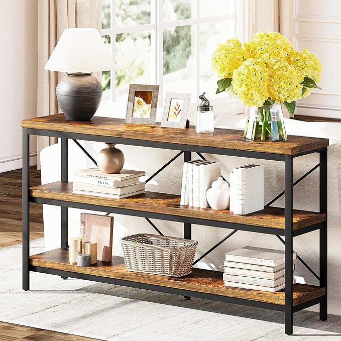 3-Tier Console Table, 55.1" Entryway Table with Metal Frame and Open Shelves, Modern Behind Couch Sofa Table for Living Room, Hallway, Foyer, Entrance, Industrial, Bookshelf, Rustic Brown