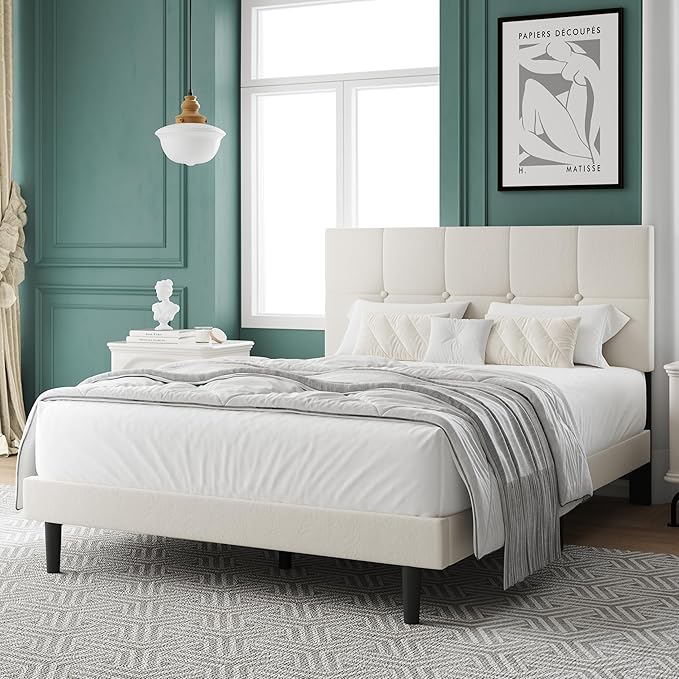 Full Size Bed Frame, Full Size Platform Bed Frame with Headboard, Upholstered Headboard, Sturdy Wooden Slats, Noiseless No Box Spring Required, Easy to Assemble, Beige