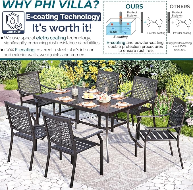 PHI VILLA Outdoor Modern Dining Table Set for 6 Dining Chairs Patio Furniture Set of 7, Metal Patio Table with Umbrella Hole & Wrought Iron Chairs for Bistro Backyard Garden