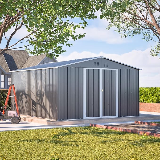 11x13FT Outdoor Storage Sheds with Floor Frame& Lockable Doors Garden Metal Shed Waterproof Galvanized Steel Tool Shed with Air Vents Sloping Roof Ideal for Backyard Patio Lawn Gray