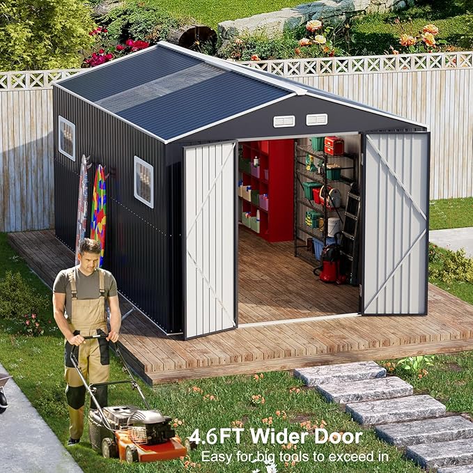 Restland 10x12 FT Outdoor Storage Shed with Floor Base Frame Metal Garden Shed with Clear Roof, Air Vent & Lockable Door Large Tool Storage House for Backyard, Garden, Lawn