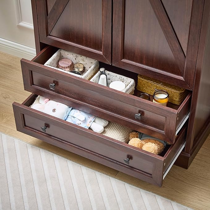 SOOWERY Dresser for Bedroom, Farmhouse Dresser with 2 Wooden Drawers and Storage Cabinets, 71 Inches Tall Chest of Drawers for Bedroom, Living Room, Hallway, Dark Cherry