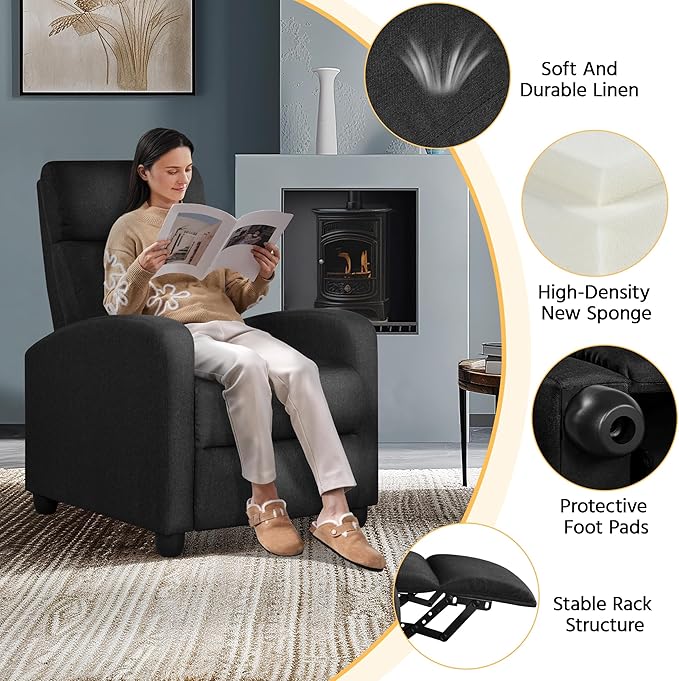 Yaheetech Fabric Recliner Chair Sofa Ergonomic Adjustable Single Sofa with Thicker Seat Cushion Modern Home Theater Seating for Living Room Matte Black