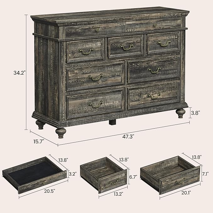 IDEALHOUSE 47" Farmhouse Dresser for Bedroom with 9 Drawers, Rustic Wood Chest with Vintage Metal Handles for Bedroom, Large Storage Organizer for Living Room, Entrance, Dark Oak