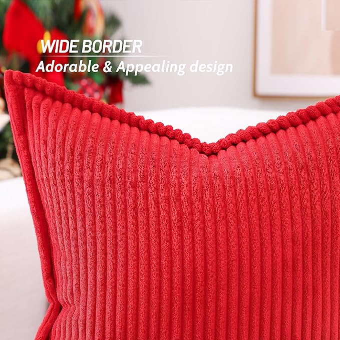 Mecatny Corduroy Throw Pillow Covers 12x20 Set of 2, Neutral Decorative Soft Boho Lumbar Couch Pillow Covers with Broadside for Sofa Living Room, Red